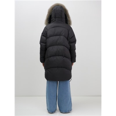 Пальто зимнее утепленное с мехом и капюшоном тренд черного цвета 7745Ch