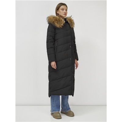 Пальто зимнее женское с мехом енот премиум класса черного цвета 3335Ch