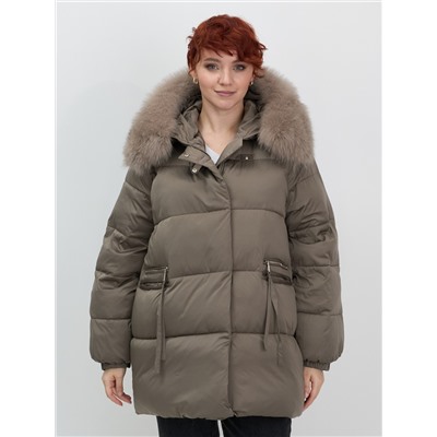 Куртка зимняя женская с мехом и капюшоном тренд коричневого цвета 7639K