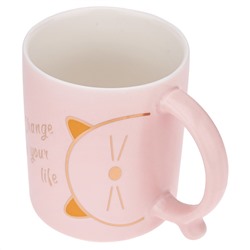 Кружка фарфоровая "Change your life" 400мл, д8,6см h10см, матовая глазурь, деколь с золотом, цвет - светло-розовый, д/горла 8,5см, д/основания 6,7см, в подарочной коробке (Китай)