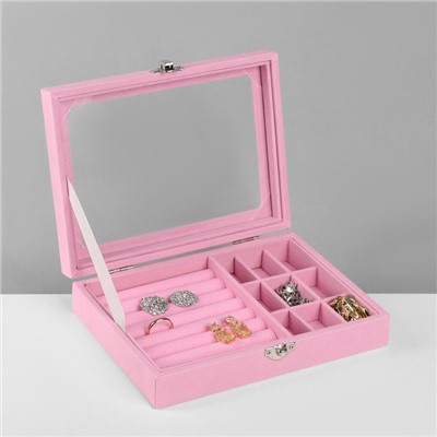 Шкатулка для украшений, 7 полос, 9 ячеек, 20.5×15×5 см, розовая