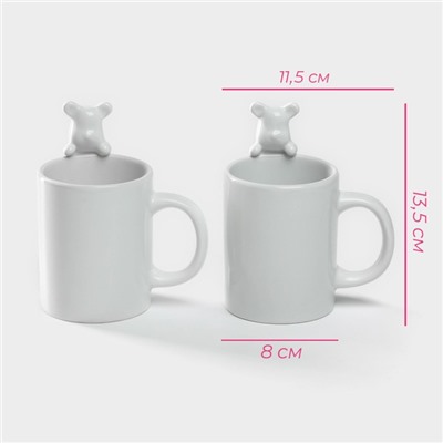 Кружки Доляна «Мишка Отто», 290 мл, 11.5×8×13.5 см, набор 2 шт., доломит, белые