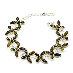 Браслет с янтарем С925 "бабочки" 19*18мм зеленый, 19см, 20г