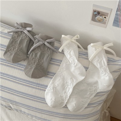 Summer Japanese three dimensional cotton socks with bow, with little bears, mid-length