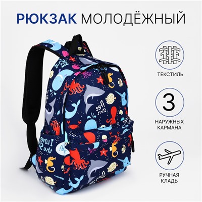 Рюкзак школьный на молнии, с карманами, с принтом, синий