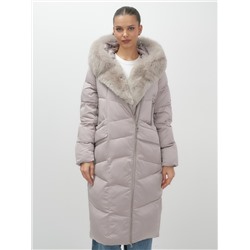 Двубортное пальто зимнее утепленное с мехом и капюшоном светло-коричневого цвета 7626SK