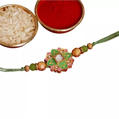 Набор: браслет Ракхи, Синдур и Рис, Green & Pink Meenakari Rakhi and Roli Chawal Set, произв. eCraftIndia