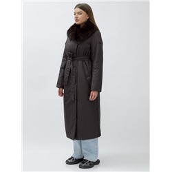 Пальто зимнее женское с мехом песец люкс класса темно-коричневого цвета 5071TK