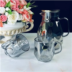 589-029 Набор: кувшин-заварник 1,9 л  и 6 кружек 350 мл серебро, в под.уп.(х8)Стекло