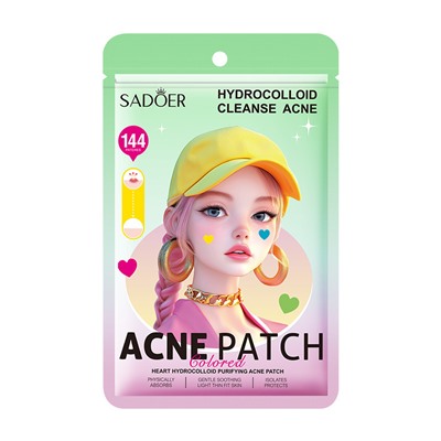 Точечные цветные гидроколлоидные патчи от прыщей в форме сердца SADOER Hydrocolloid Cleanse Acne, 144 шт