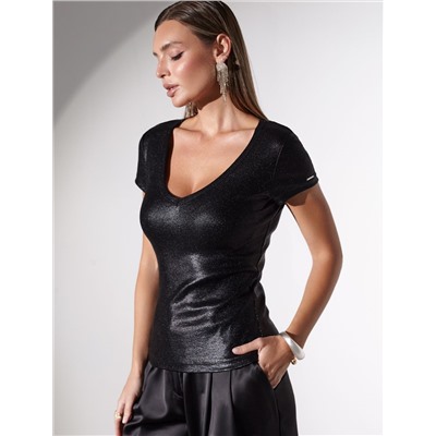 Футболка облегающая из хлопка в рубчик с V вырезом и матовым покрытием металлик