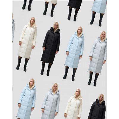 Пальто утепленное стеганное зимнее с капюшоном женское бежевого цвета 9607B