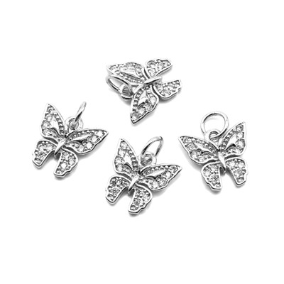 Подвеска бабочка 11*10мм с фианитами, серебристая