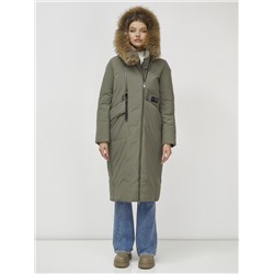 Пальто зимнее женское с мехом енот премиум класса цвета хаки 3006_1Kh