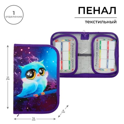 Пенал 1 секция, 130×210×40 мм, 2 откидные планки, тканевый, Calligrata TOP, Content «Совушка»