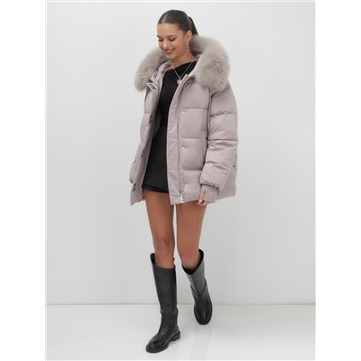 Куртка зимняя женская с мехом и капюшоном тренд светло-коричневого цвета 7658SK