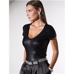 Футболка облегающая из хлопка в рубчик с V вырезом и матовым покрытием металлик