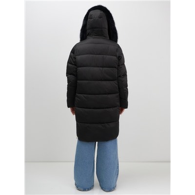 Пальто зимнее утепленное с мехом и капюшоном тренд черного цвета 7753Ch