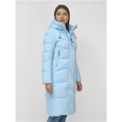 Пальто утепленное стеганное зимнее с капюшоном женское голубого цвета 9636_1Gl