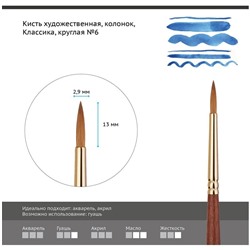 Кисть художественная колонок Гамма "Классика", круглая №6