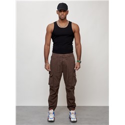 Джинсы карго мужские с накладными карманами коричневого цвета 2428K