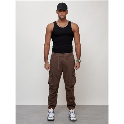 Джинсы карго мужские с накладными карманами коричневого цвета 2428K