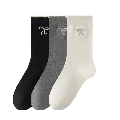 Breathable silver brand knee socks with bow, with embroidery, mid-length