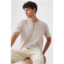 T-shirt bawełniany męski z domieszką elastanu z dzianiny strukturalnej kolor beżowy