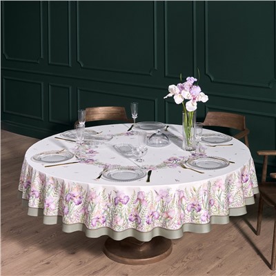 СКАТЕРТЬ КРУГЛАЯ  "ИРИСЫ" ,D220СМ, 100% ХЛОПОК,ТВИЛ C ПРОПИТКОЙ, БЕЛЫЙ