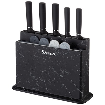 НАБОР AGNESS ИЗ 10ПР: 5 НОЖЕЙ, 4 ДОСКИ И ПОДСТАВКА, ЦВЕТ: ЧЕРНЫЙ МРАМОР
