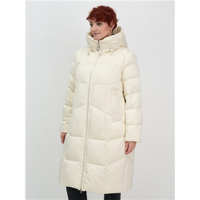 Пальто зимнее утепленное с капюшоном женское бежевого цвета 7702B