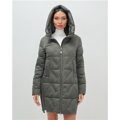 Куртка зимняя женская классическая с капюшоном темно-серого цвета 7671TC