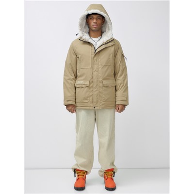 Парка мужская зимняя удлиненная с мехом горчичного цвета 8751G