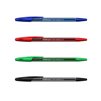 Набор ручек шариковых ErichKrause R-301 Original Stick, 4 шт., стандартный узел 0.7 мм, чернила МИКС, корпус тонированный МИКС