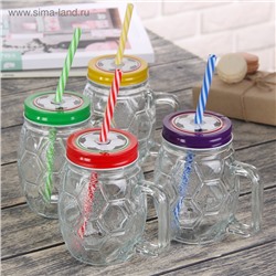 Кружка Доляна «Мяч», 500 мл, с крышкой и трубочкой, стекло, МИКС