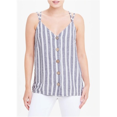 Stripe Strappy Linen Button Front Cami Top