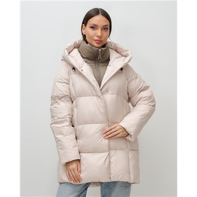 Куртка двубортная женская зимняя с капюшоном бежевого цвета 7736B