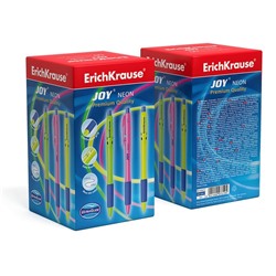 Ручка шариковая автоматическая ErichKrause JOY Neon, узел 0.7 мм, чернила синие, резиновый держатель, супермягкое письмо, длина линии письма 1300 метров, МИКС
