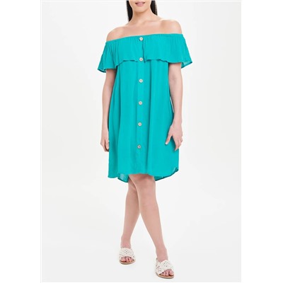 Green Crinkle Bardot Beach Dress