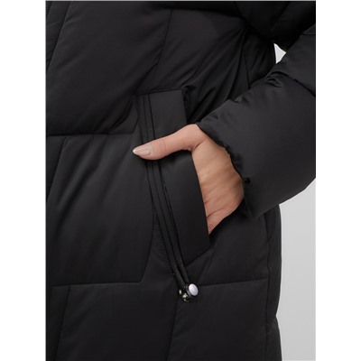 Пальто зимнее утепленное с мехом и капюшоном тренд черного цвета 7630Ch