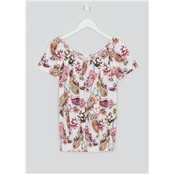 Shirred Paisley Wide Neck T-Shirt
