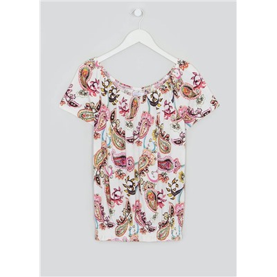 Shirred Paisley Wide Neck T-Shirt