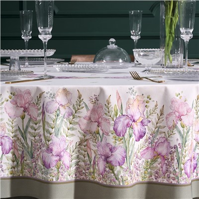 СКАТЕРТЬ КРУГЛАЯ  "ИРИСЫ" ,D220СМ, 100% ХЛОПОК,ТВИЛ C ПРОПИТКОЙ, БЕЛЫЙ