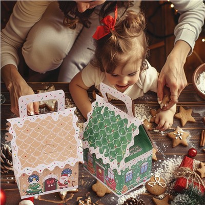 Набор из 8 подарочных складных коробок "ПРЯНИЧНЫЕ ДОМИКИ". Размер: 16,5*10*7,5*7,5 см.