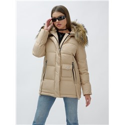 Куртка женская зимняя с мехом енот премиум класса бежевого цвета 3215B