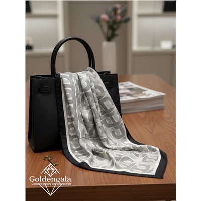 Косынка шелковая с принтом Арт 25183/003 (черный-молочный)