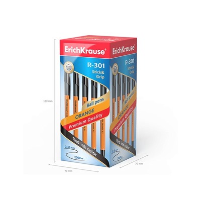 Ручка шариковая ErichKrause R-301 Orange Stick & Grip, узел 0.7 мм, чернила чёрные, резиновый держатель, длина линии письма 2000 метров