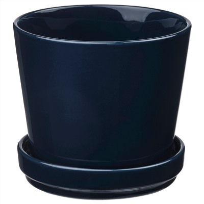 KLOTLÖNN, Blumentopf mit Untersetzer, drinnen/draußen/schwarzblau,, 12 cm