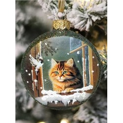 Елочная игрушка стеклянная декорированная "Медальон Кот и птичка"