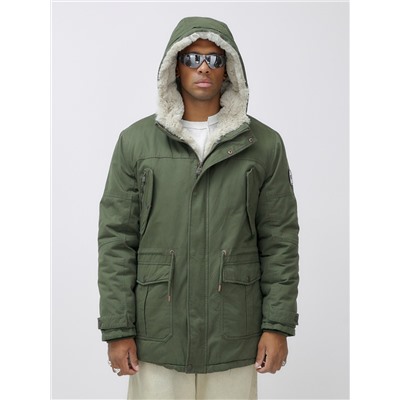 Парка мужская зимняя удлиненная с мехом цвета хаки 2606Kh